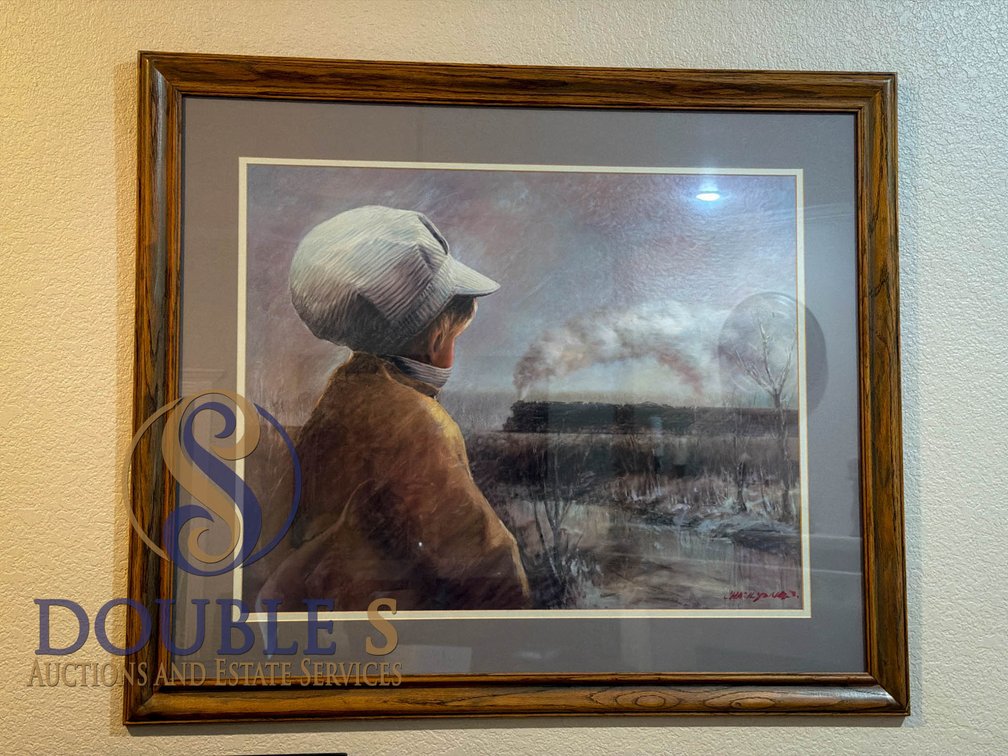 Framed 34”x40” Print of Child Watching a Train by Charles Alexander