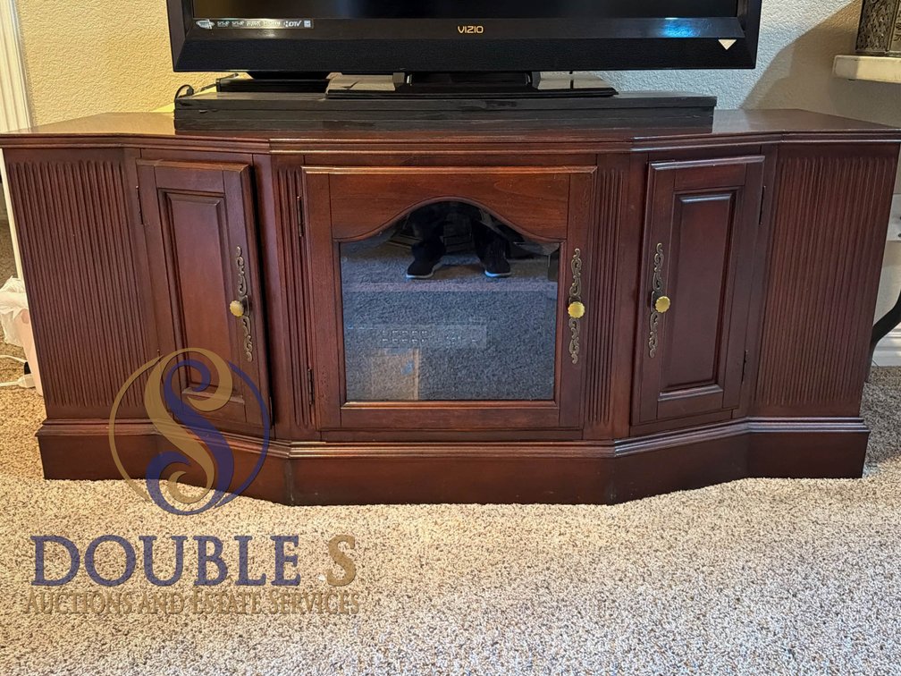 Wooden Media Cabinet with Glass Center Door and Brass Hardware, 23”x29”x25”