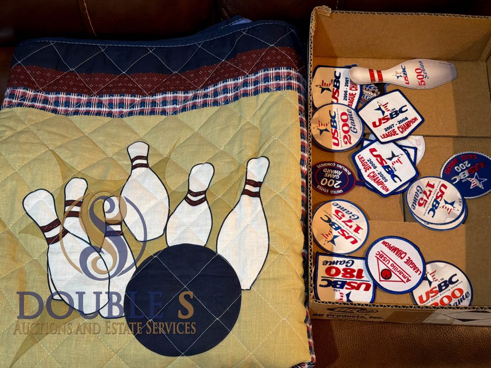 Bowling-Themed Quilt (58”x49”) with Collection of USBC Patches and Miniature Pins