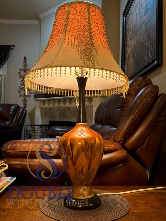 Table Lamp with Orange Ceramic Base and Beaded Fabric Shade, 34” Tall