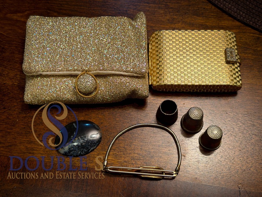 Vintage Accessories Including Compact Case, Evening Purse, Thimbles, and Bracelet