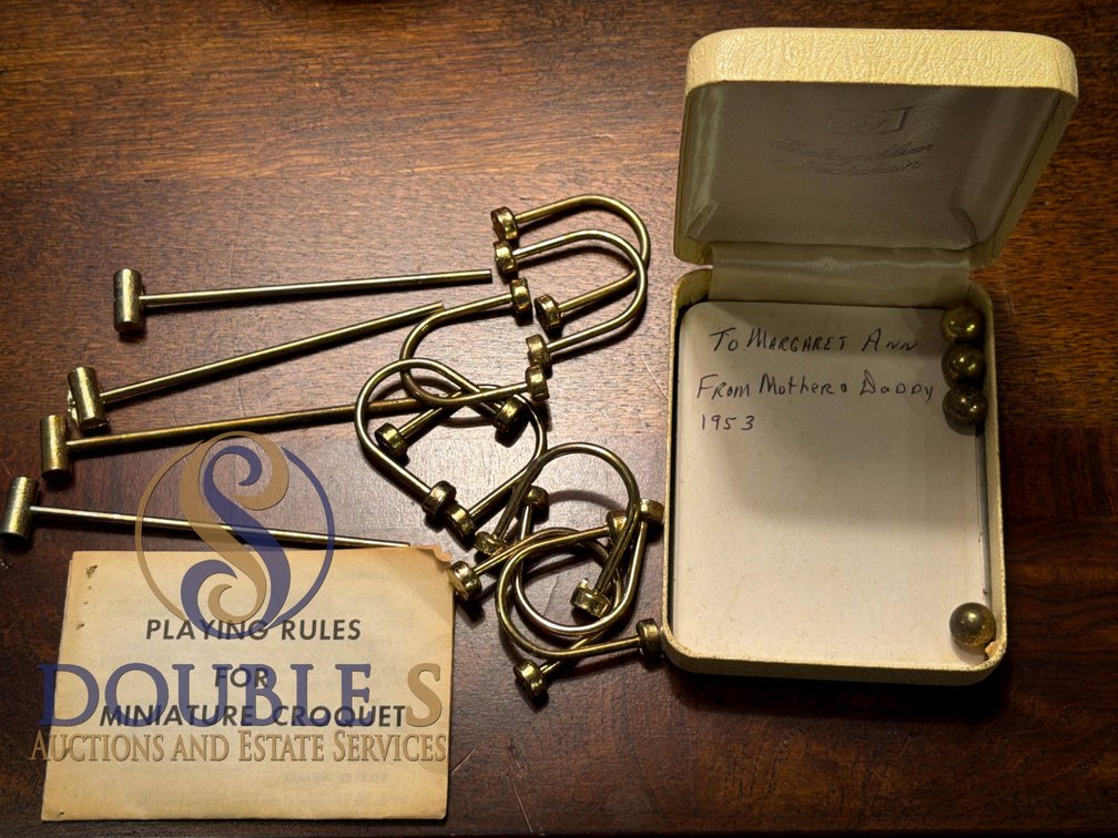Vintage Miniature Brass Croquet Set with Box and Playing Rules, Dated 1953
