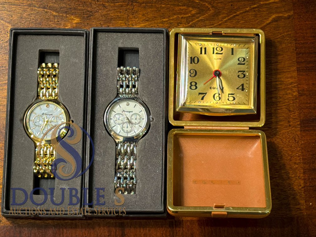 Two Classic Quartz Wristwatches and Compact Equity Folding Alarm Clock