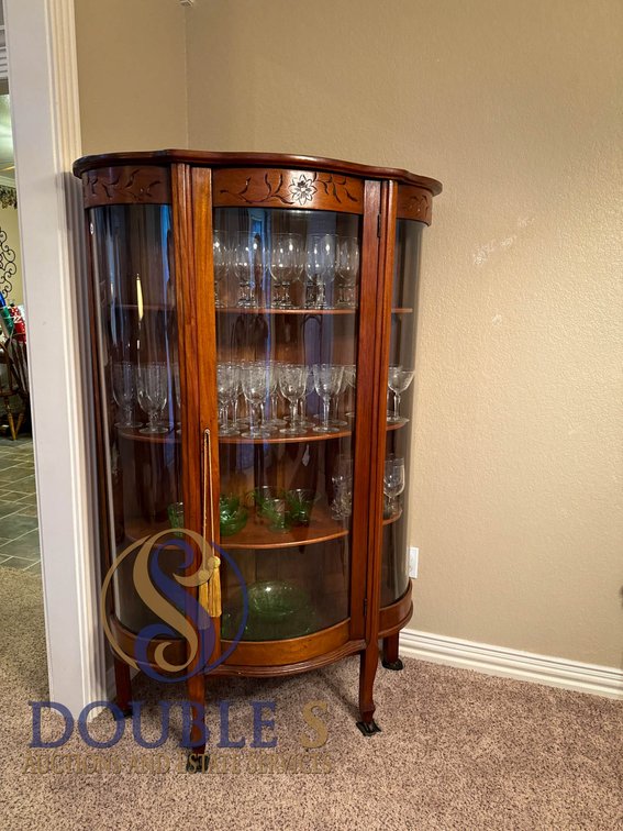 Wooden Curio Cabinet with Glass Doors and Floral Carved Details, 38 x 14 x 62 Inches