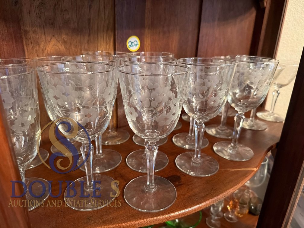 22 Etched Glass Stemware Including Tea, Wine, and Martini Glasses