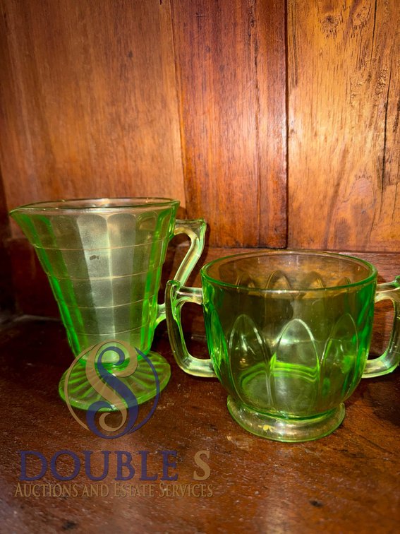 Vaseline Glass Small Pitcher and Creamer Set