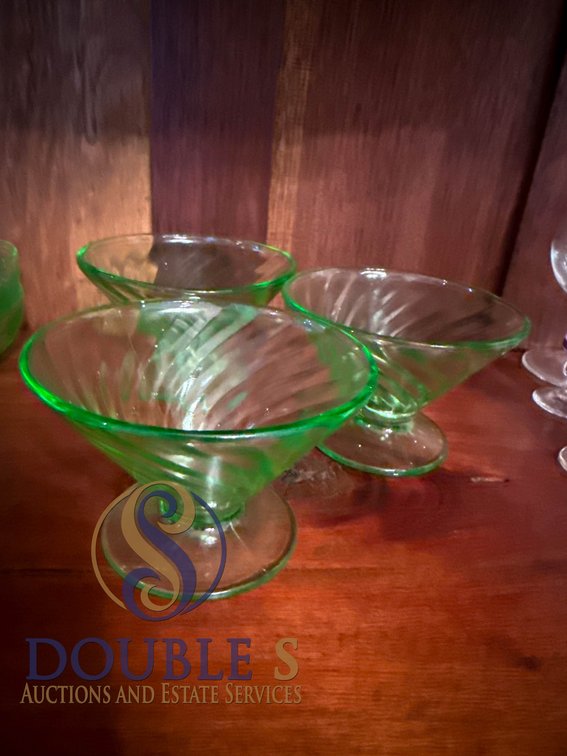 3 Vaseline Glass Sherbet Glasses with Swirl Design