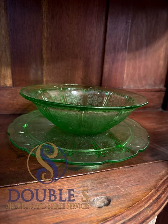 Vaseline Glass Bowl (8.5 in) and Platter (10 in) with Floral Pattern