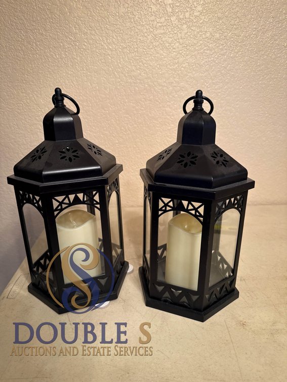 Decorative 13-Inch Faux Candles in Black Plastic Lanterns