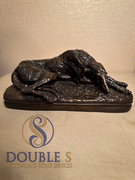 Bronze Colored Sculpture of a Reclining Dog, Signed Canard, London, 1848