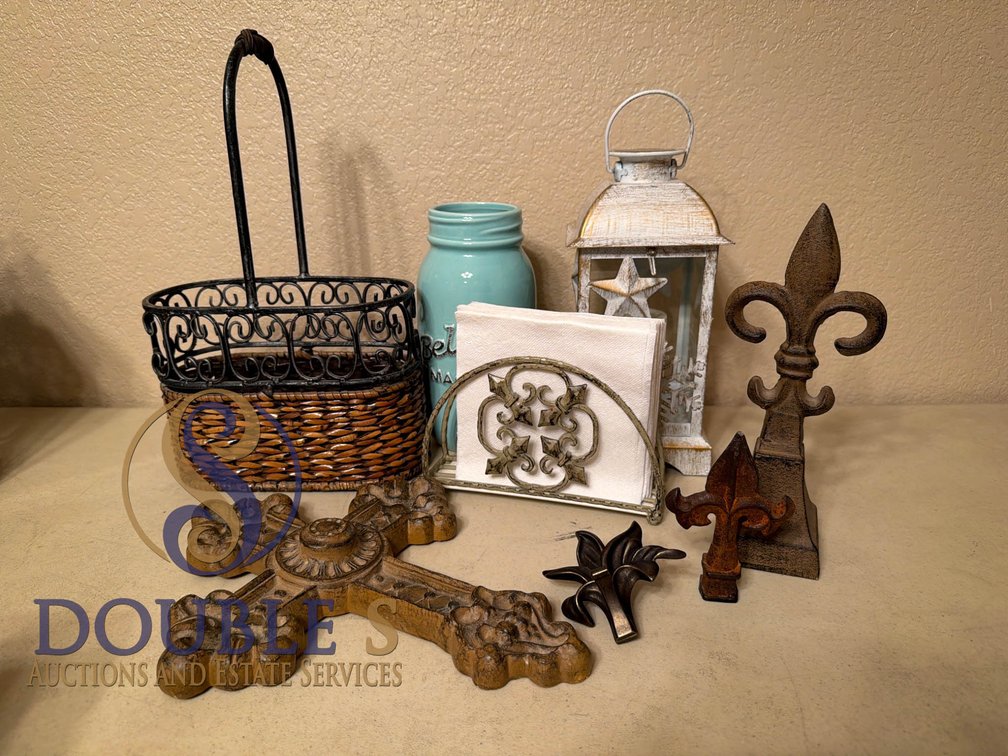 Decorative Assortment Including Metal Cross, Fleur-de-Lis, Basket, and Lantern