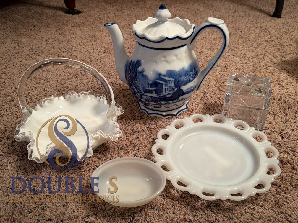 Decorative Milk Glass and Ceramic Tea Set with Ruffled Basket