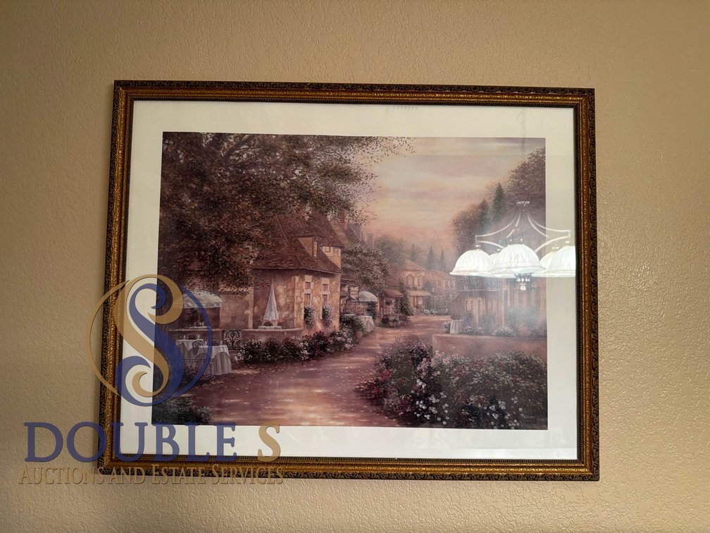 Framed Print Depicting a Village Scene Signed by Artist P. Brown, 30”x24”