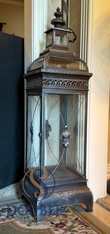 Large Metal and Glass Lantern with Decorative Motifs, 11”x41”