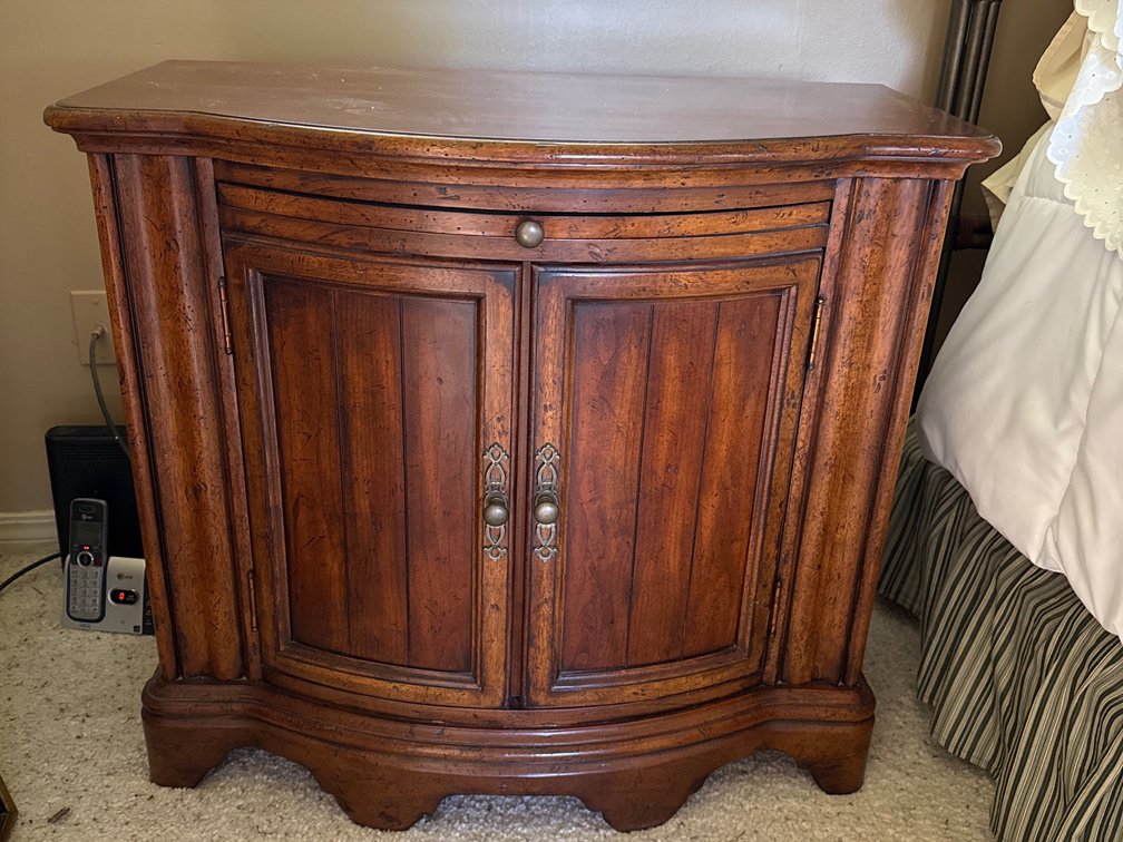 Wooden Nightstand Cabinet with Two Doors and Carved Details, 34 x 17.5 x 30 Inches