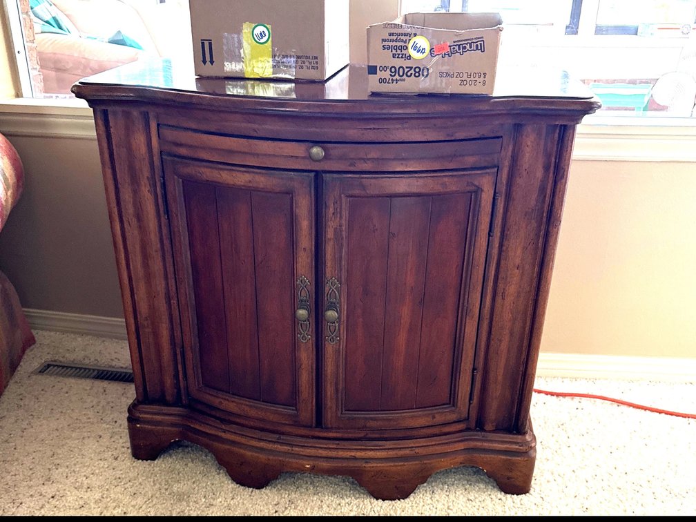 Wooden Nightstand Cabinet with Two Doors and Carved Details, 34 x 17.5 x 30 Inches