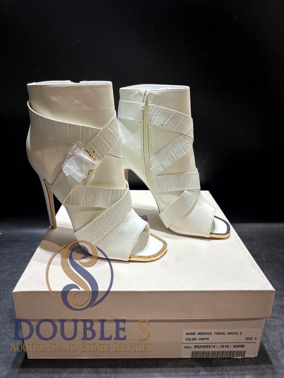 White High-Heeled Booties, Open Toe, Size 9