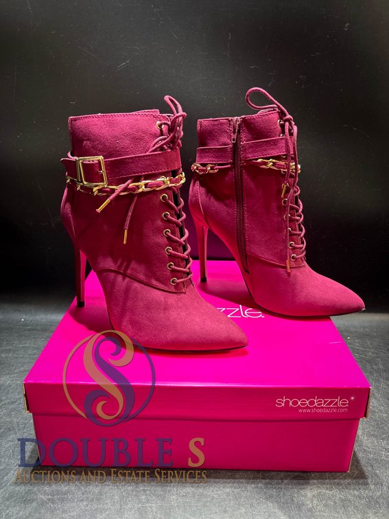 ShoeDazzle Bordeaux Suede Stiletto Lace-Up Booties, Size 9