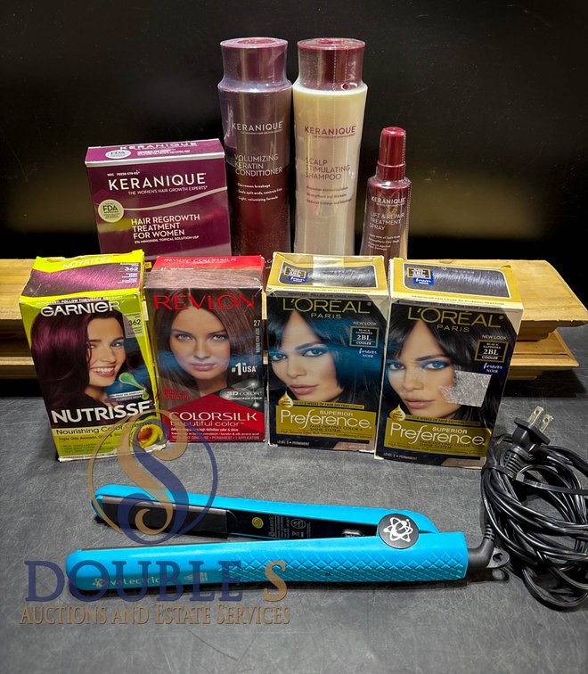 Hair Care and Styling Lot Including Keranique Products, Hair Dyes, and Flat Iron