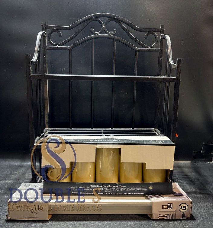 Black Metal Rack, Flameless Candles, and 18-Inch Wall Shelf Set
