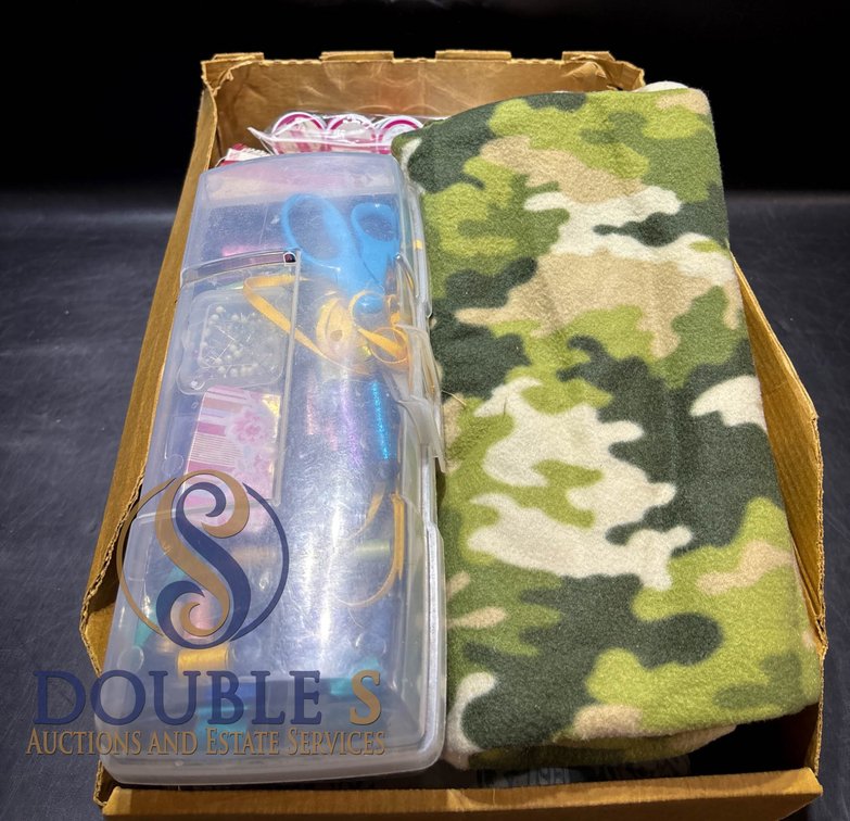 Boxed Lot of Assorted Fabrics, Threads, and Sewing Supplies