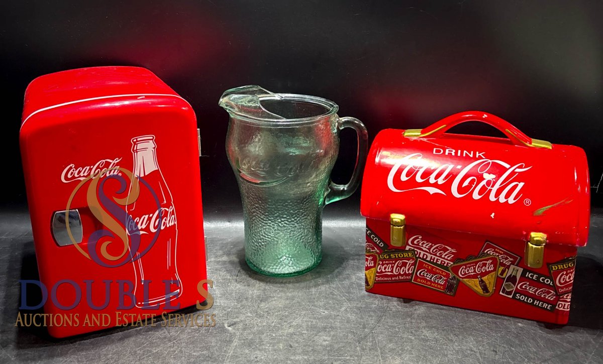 Coca-Cola Mini Fridge, Glass Pitcher, and Tin Lunch Cooler Set