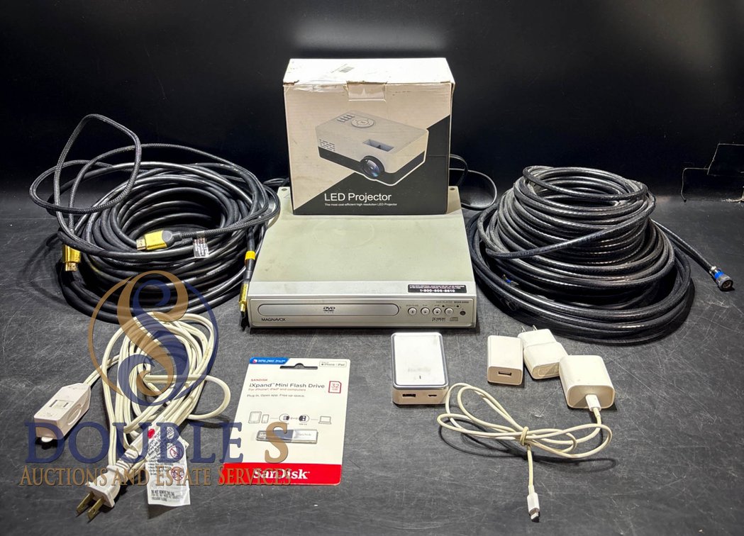 Electronics Bundle Including LED Projector, Magnavox DVD Player, 32GB Flash Drive, and Cables