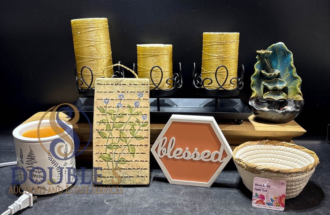 Decorative Home Accessories Featuring Candleholder Set, Wax Warmer, Plaques, and Basket