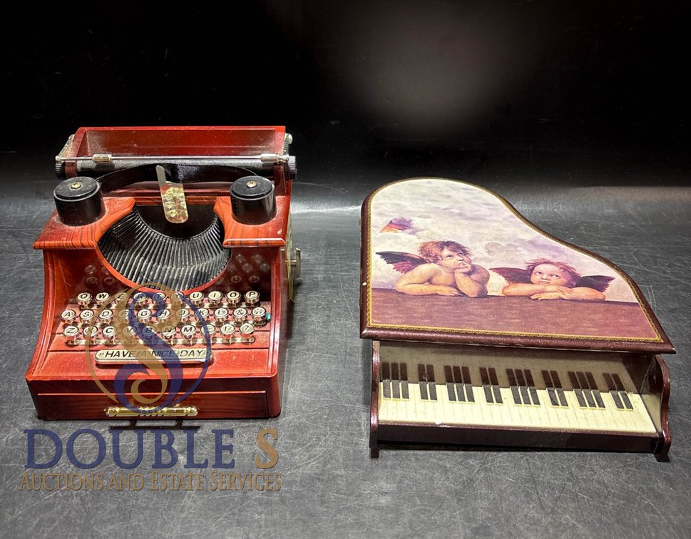 Two Decorative Mechanical Music Boxes: Piano and Typewriter Designs