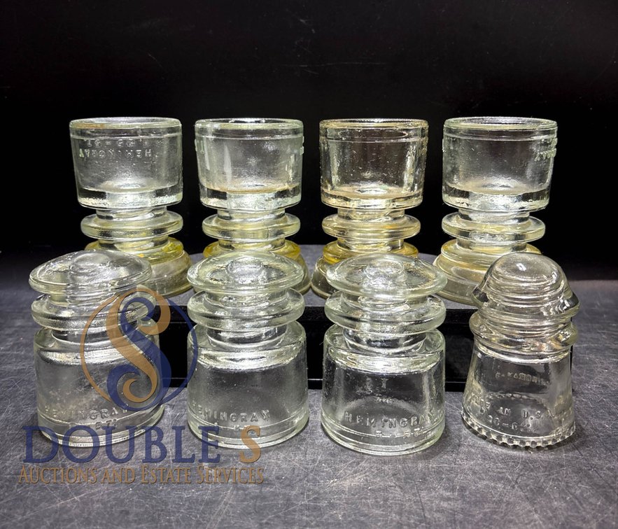 8 Hemingray Glass Insulators: 4 Large, 3 Medium, 1 Small