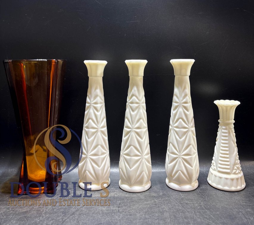 Four White Milk Glass Vases and One Amber Glass Vase