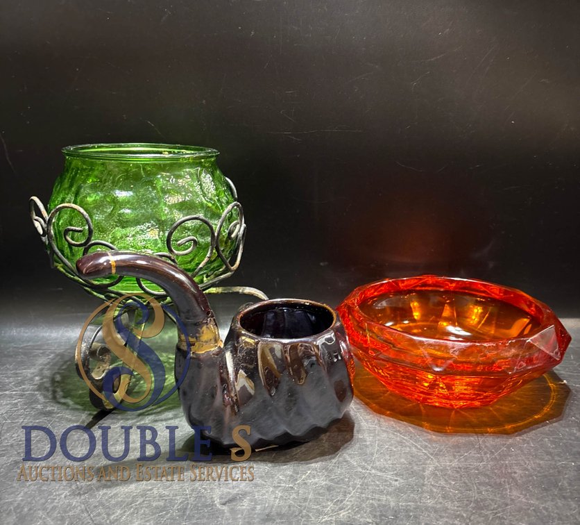 Decorative Glassware Set with Stand, Bowl, and Pipe-Shaped Vessel