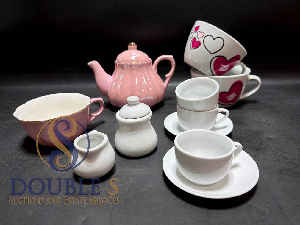 Ceramic Tea Set Including Pink Teapot, Cups, and Creamers