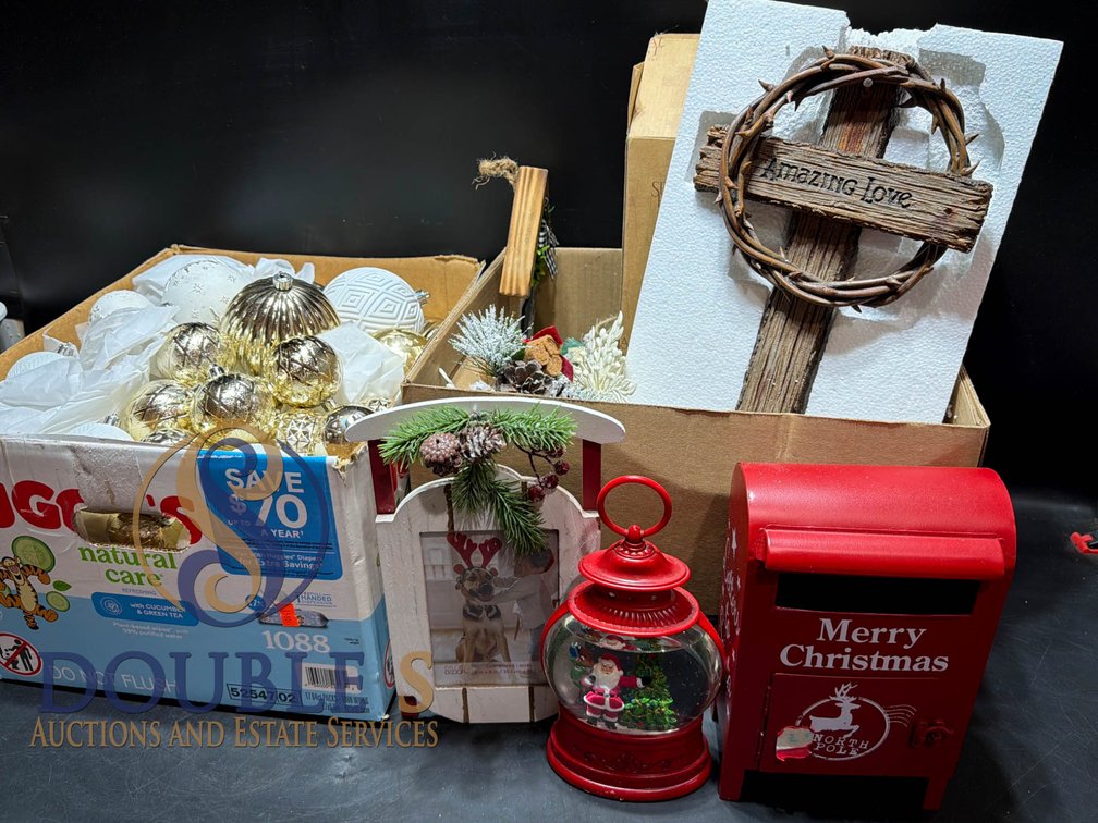 Christmas Decorations Including Ornaments, Lantern, and Decorative Cross