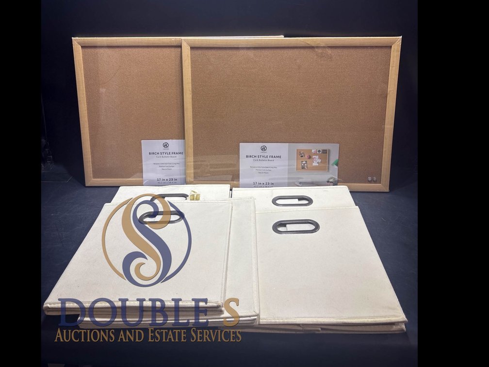 Two 17" x 23" Cork Boards with Birch-Style Frames and Four 14" x 13" x 12" Collapsible Storage Bins