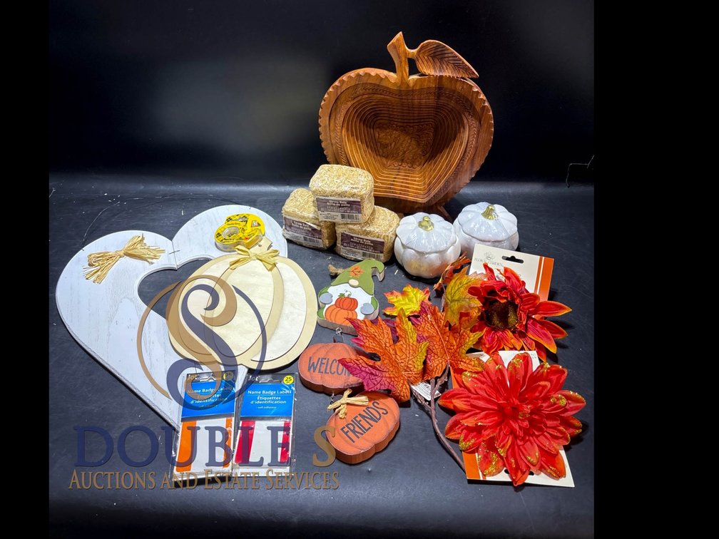 Fall Décor Items Including Wood Apple Basket and Seasonal Accessories