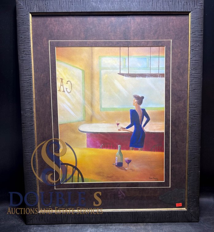 Two Framed Artwork Pieces Including a Woman in Blue and a Child with Cubs