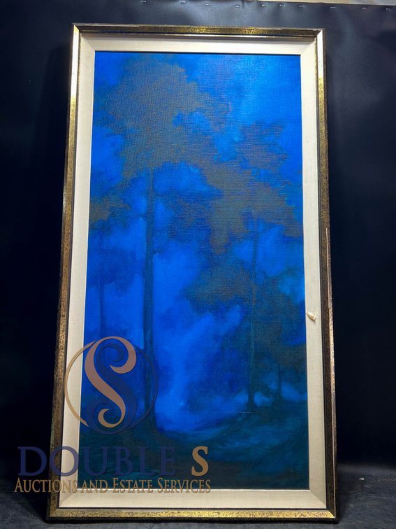 Framed Blue-Toned Landscape Oil Painting on Canvas