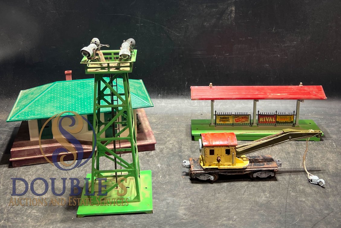 Vintage Lionel Tin Train Accessories Including Station, Crane Car, Signals