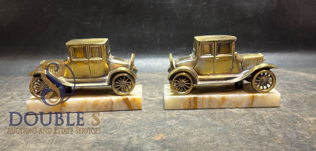 Brass Model T Bookends on Marble Bases