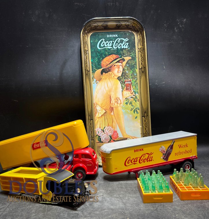 Coca-Cola Memorabilia Lot with Trucks, Trays, Bottles, and Serving Tray