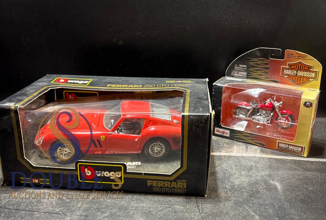 Bburago Ferrari 250 GTO Model Car and Maisto Harley-Davidson Motorcycle