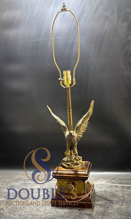 Bronze Eagle Table Lamp With Wooden Base and Metal Accents