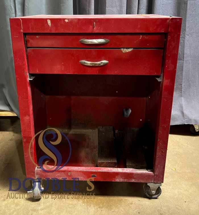 Red Metal Rolling Utility Cart with Drawer and Open Compartment