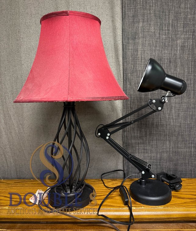 Two Lamps: Red Shade Table Lamp and Black Swing Arm Desk Lamp