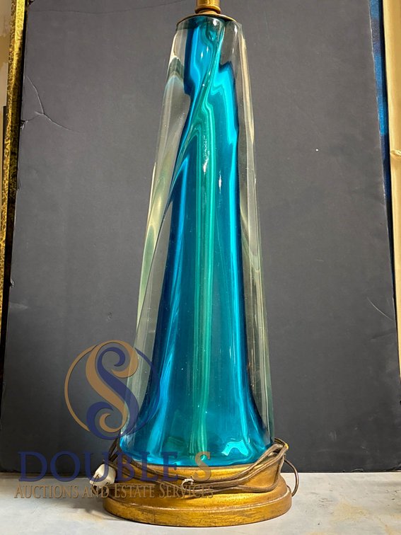 28-Inch Table Lamp With Faceted Blue Glass and Brass Details
