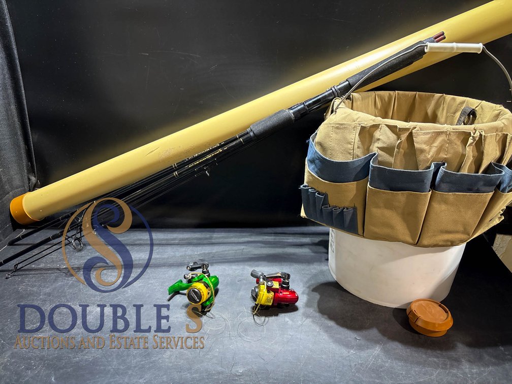 Shimano Rods with Carry Tube, Reel Pair, and Tackle Organizer Bucket