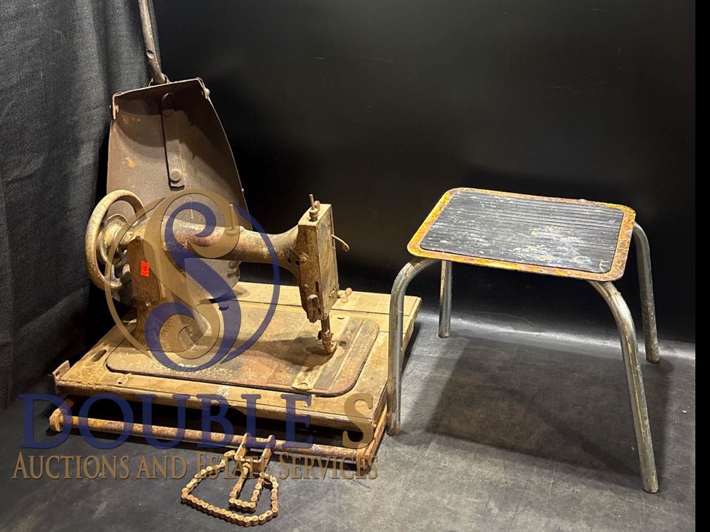 Vintage Industrial Lot with Metal Shovel, Stool, and Sewing Machine Base