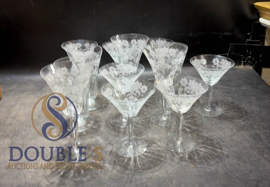 8 Floral Etched Glass Stemware