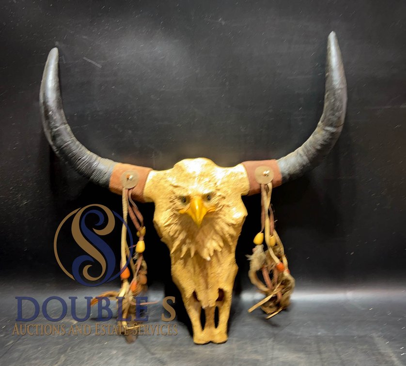Decorative Faux Longhorn Skull with Eagle Mot